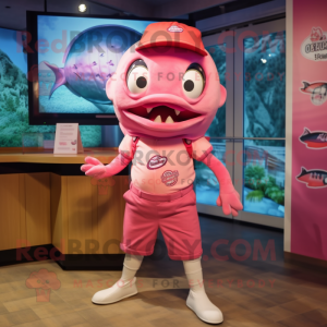 Pink Piranha mascot costume character dressed with a Graphic Tee and Berets