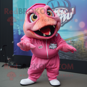 Pink Piranha mascot costume character dressed with a Graphic Tee and Berets