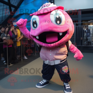 Pink Piranha mascot costume character dressed with a Graphic Tee and Berets