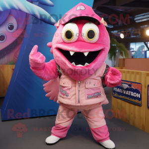 Pink Piranha mascot costume character dressed with a Graphic Tee and Berets