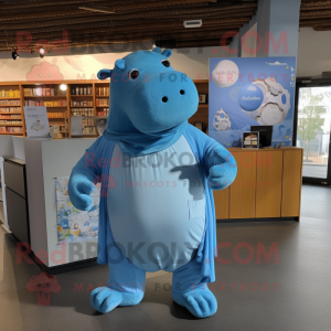 Blue Hippopotamus mascot costume character dressed with a Romper and Shawl pins