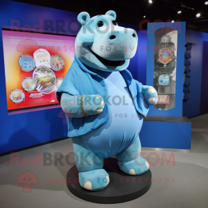 Blue Hippopotamus mascot costume character dressed with a Romper and Shawl pins