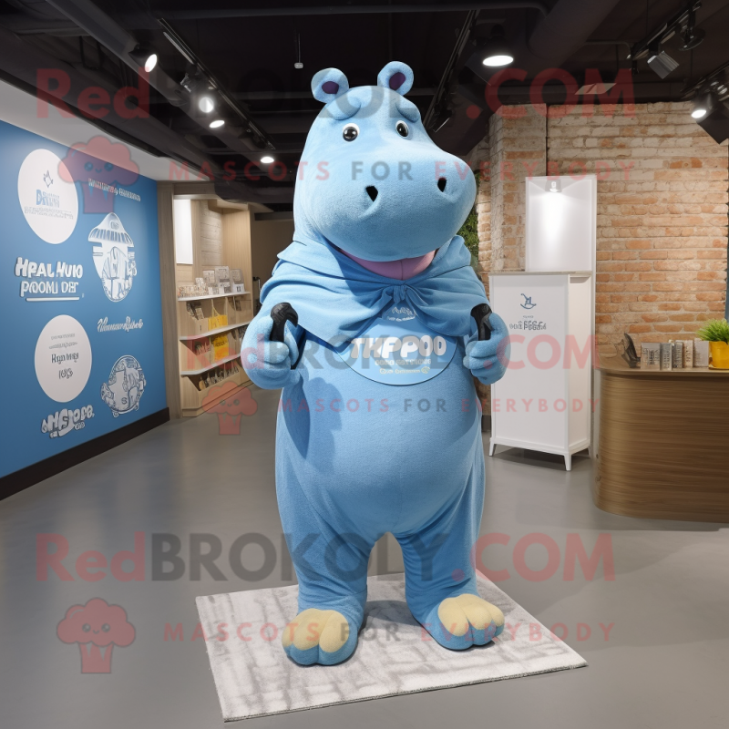 Blue Hippopotamus mascot costume character dressed with a Romper and Shawl pins Blue Hippopotamus mascot costume character dressed with a Romper and Shawl pins