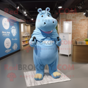 Blue Hippopotamus mascot costume character dressed with a Romper and Shawl pins