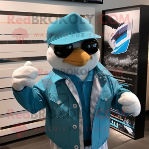 Turquoise Pigeon mascot costume character dressed with a Moto Jacket and Hats