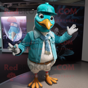 Turquoise Pigeon mascot costume character dressed with a Moto Jacket and Hats