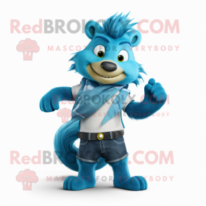 Cyan Marmot mascot costume character dressed with a Flare Jeans and Wraps
