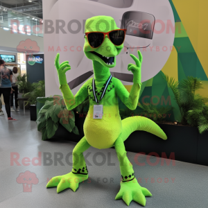 Lime Green Velociraptor mascot costume character dressed with a Mini Dress and Sunglasses