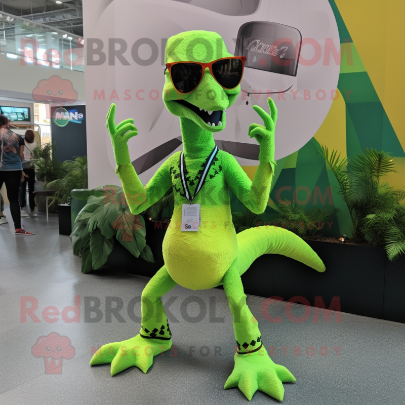Lime Green Velociraptor mascot costume character dressed with a Mini Dress and Sunglasses Lime Green Velociraptor mascot costume character dressed with a Mini Dress and Sunglasses