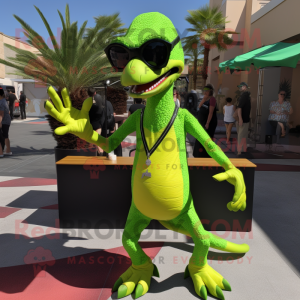 Lime Green Velociraptor mascot costume character dressed with a Mini Dress and Sunglasses