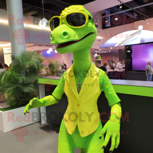 Lime Green Velociraptor mascot costume character dressed with a Mini Dress and Sunglasses