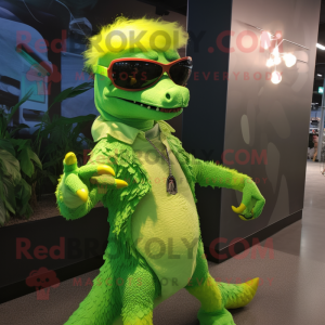 Lime Green Velociraptor mascot costume character dressed with a Mini Dress and Sunglasses