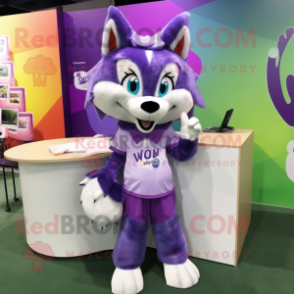 Purple Say Wolf mascot costume character dressed with a Culottes and Hair clips