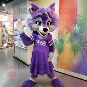 Purple Say Wolf mascot costume character dressed with a Culottes and Hair clips