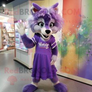 Purple Say Wolf mascot costume character dressed with a Culottes and Hair clips