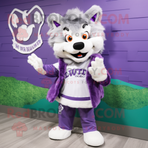 Purple Say Wolf mascot costume character dressed with a Culottes and Hair clips