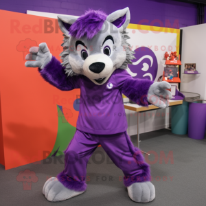 Purple Say Wolf mascot costume character dressed with a Culottes and Hair clips