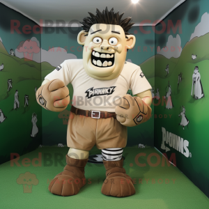Tan Frankenstein mascot costume character dressed with a Rugby Shirt and Earrings