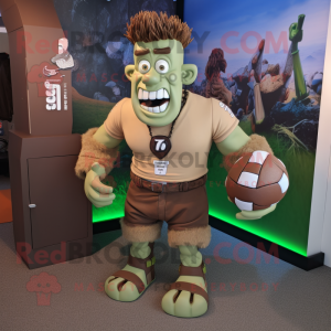 Tan Frankenstein mascot costume character dressed with a Rugby Shirt and Earrings