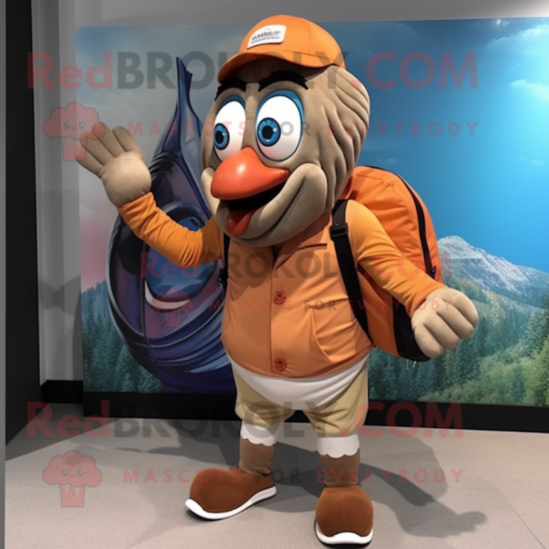 Tan Clown Fish mascot costume character dressed with a Cargo Shorts and Gloves Tan Clown Fish mascot costume character dressed with a Cargo Shorts and Gloves