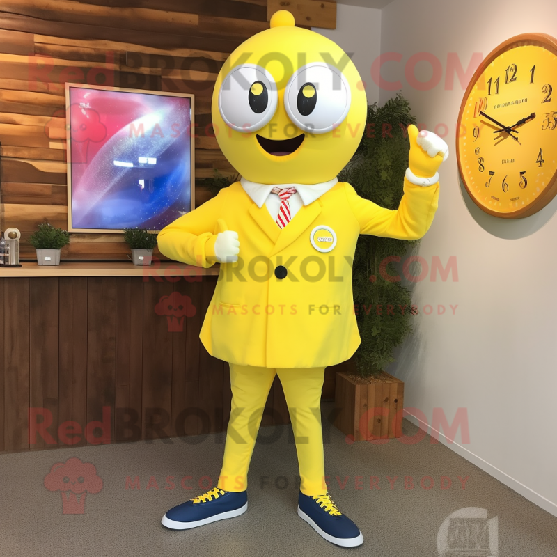 Lemon Yellow Pendant mascot costume character dressed with a Dress Shirt and Digital watches