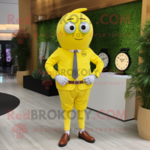 Lemon Yellow Pendant mascot costume character dressed with a Dress Shirt and Digital watches