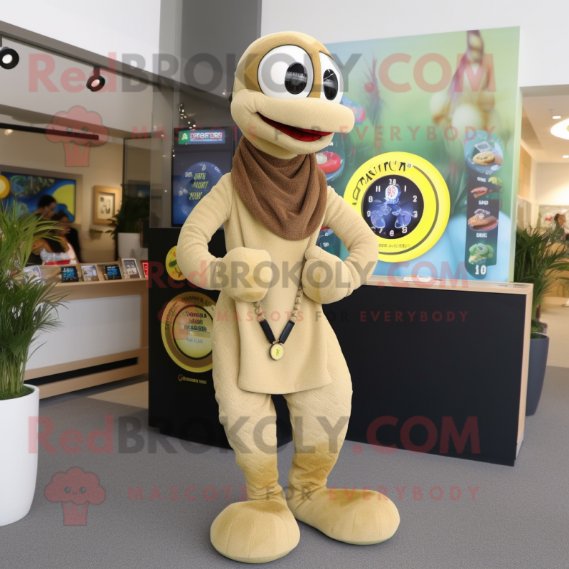 Tan Snake mascot costume character dressed with a Cardigan and Bracelet watches Tan Snake mascot costume character dressed with a Cardigan and Bracelet watches