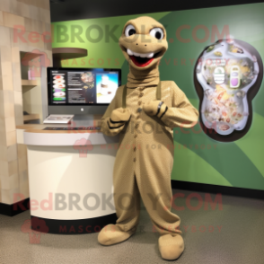 Tan Snake mascot costume character dressed with a Cardigan and Bracelet watches