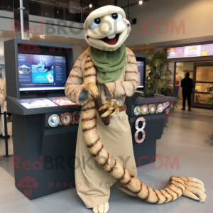 Tan Snake mascot costume character dressed with a Cardigan and Bracelet watches