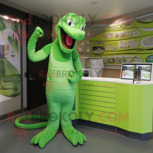 Lime Green Titanoboa mascot costume character dressed with a Dungarees and Cufflinks
