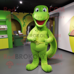 Lime Green Titanoboa mascot costume character dressed with a Dungarees and Cufflinks