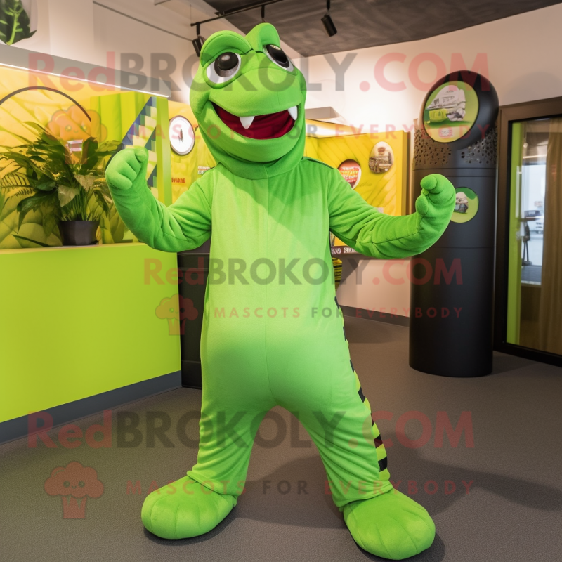 Lime Green Titanoboa mascot costume character dressed with a Dungarees and Cufflinks