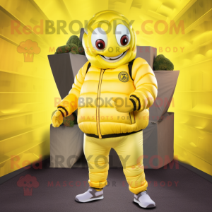 Lemon Yellow Trilobite mascot costume character dressed with a Bomber Jacket and Anklets