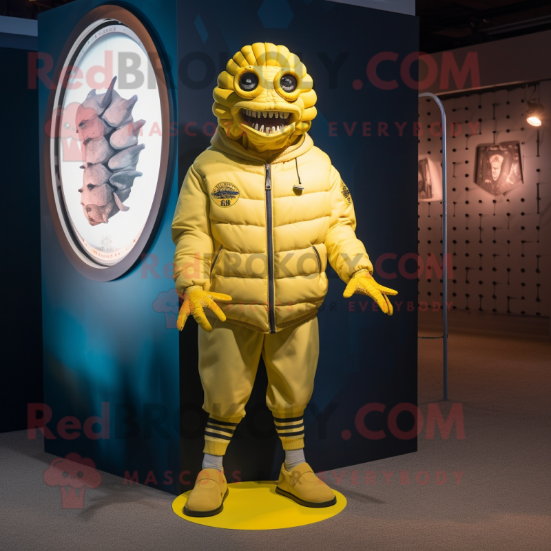 Lemon Yellow Trilobite mascot costume character dressed with a Bomber Jacket and Anklets