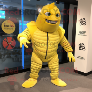 Lemon Yellow Trilobite mascot costume character dressed with a Bomber Jacket and Anklets