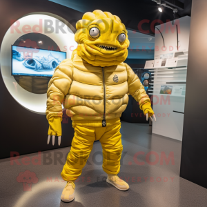 Lemon Yellow Trilobite mascot costume character dressed with a Bomber Jacket and Anklets