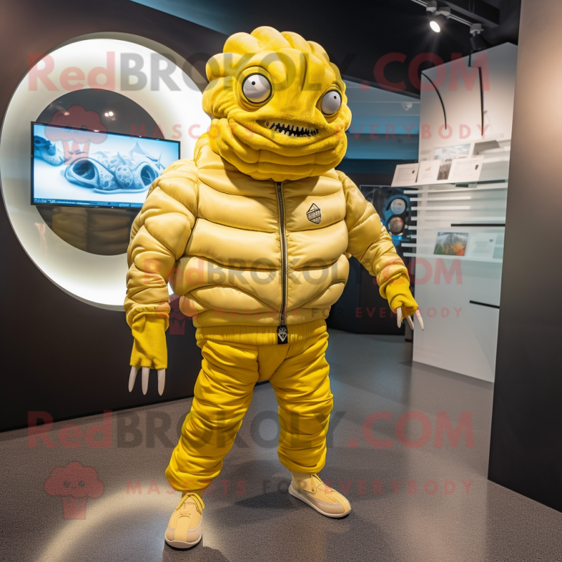 Lemon Yellow Trilobite mascot costume character dressed with a Bomber Jacket and Anklets