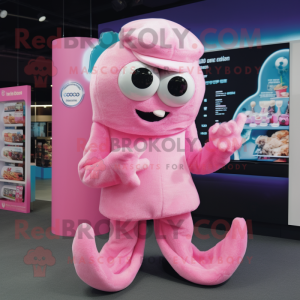 Pink Fried Calamari mascot costume character dressed with a Turtleneck and Brooches