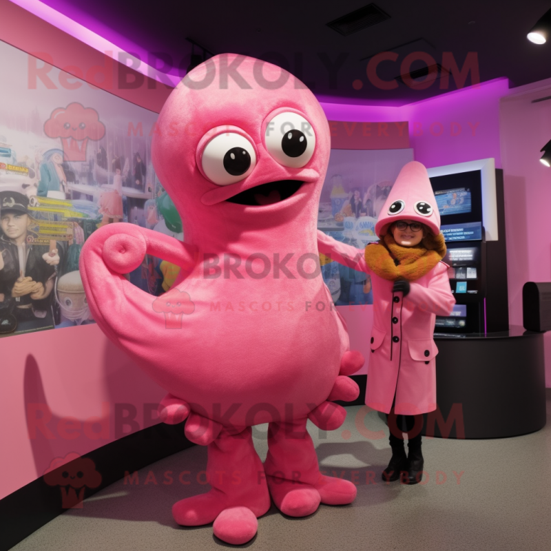 Pink Fried Calamari mascot costume character dressed with a Turtleneck and Brooches Pink Fried Calamari mascot costume character dressed with a Turtleneck and Brooches