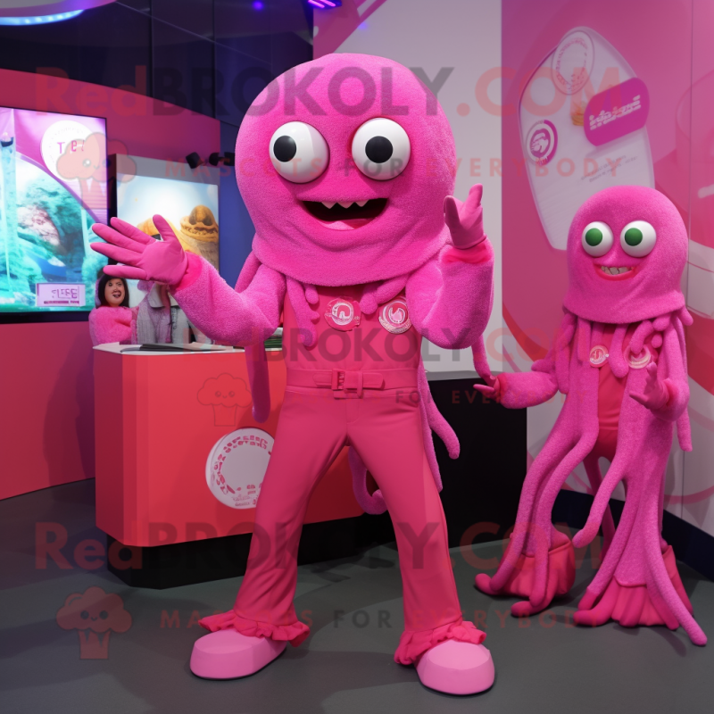 Pink Fried Calamari mascot costume character dressed with a Turtleneck and Brooches