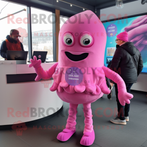Pink Fried Calamari mascot costume character dressed with a Turtleneck and Brooches
