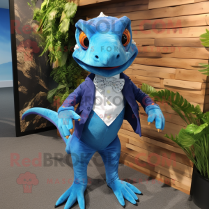 Blue Lizard mascot costume character dressed with a Waistcoat and Bow ties