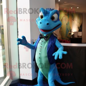 Blue Lizard mascot costume character dressed with a Waistcoat and Bow ties