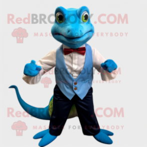 Blue Lizard mascot costume character dressed with a Waistcoat and Bow ties