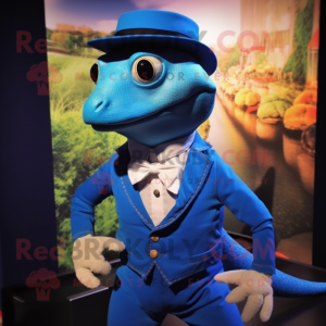Blue Lizard mascot costume character dressed with a Waistcoat and Bow ties
