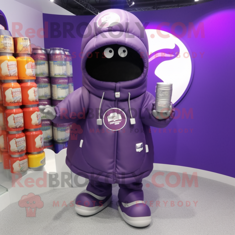 Purple Soda Can mascot costume character dressed with a Parka and Keychains Purple Soda Can mascot costume character dressed with a Parka and Keychains