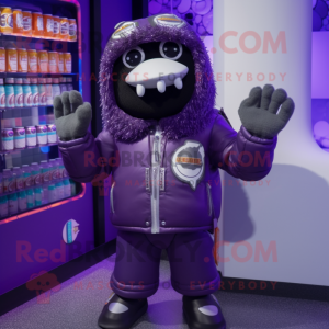Purple Soda Can mascot costume character dressed with a Parka and Keychains