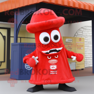 Red Fried Calamari mascot costume character dressed with a Vest and Hats