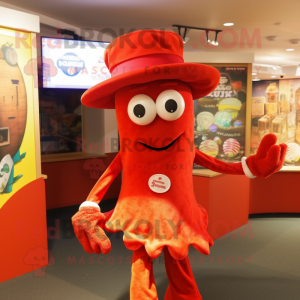 Red Fried Calamari mascot costume character dressed with a Vest and Hats