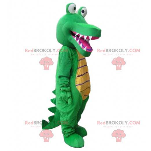 Mascote de crocodilo verde e amarelo, fantasia de crocodilo -